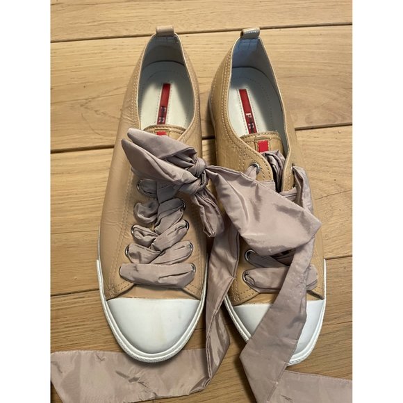Prada | Shoes | Prada Tan Sneaker With Silk Laces | Poshmark